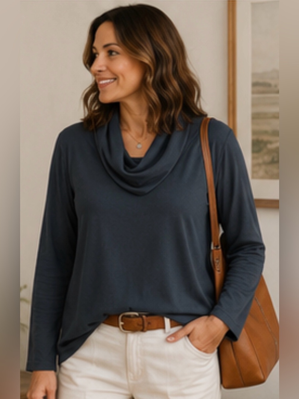 Peruvian Connection Slate Blue Cowlneck Long-Sleeve Sweater